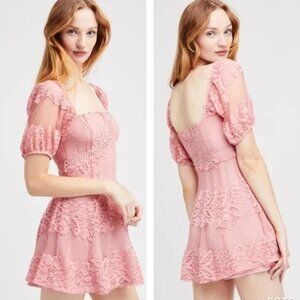 Free People Be Your Baby Pink Lace Puff Sleeve Mini Dress Size L